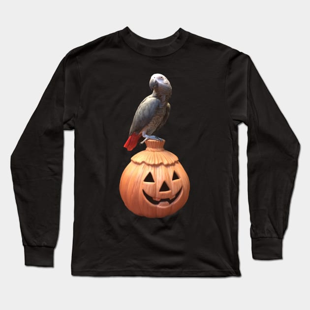 Jack-o-lantern Halloween African Grey Parrot Long Sleeve T-Shirt by Einstein Parrot